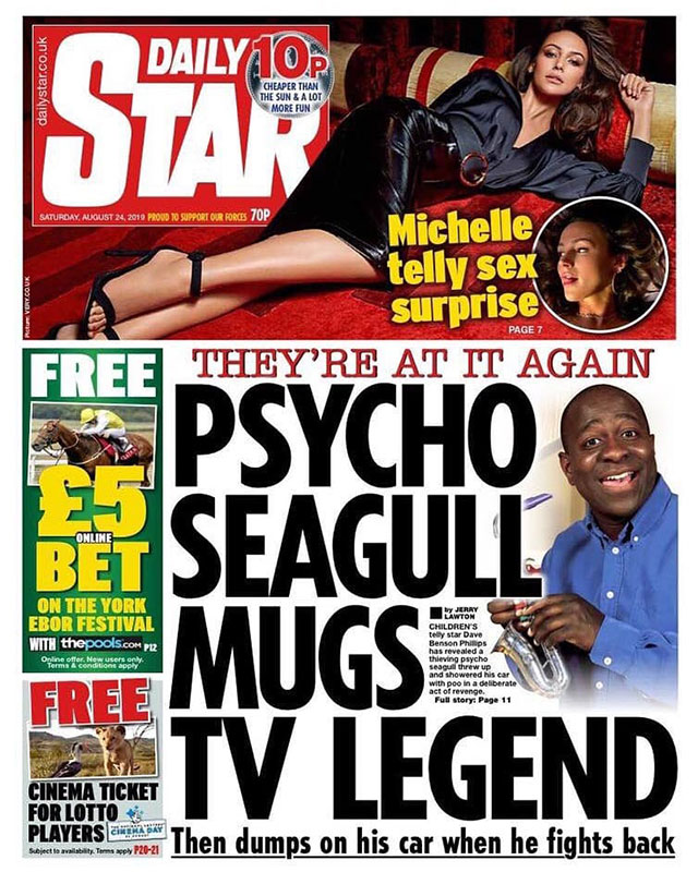 Dave Benson Phillips Daily Star front page Seagull sandwich attack